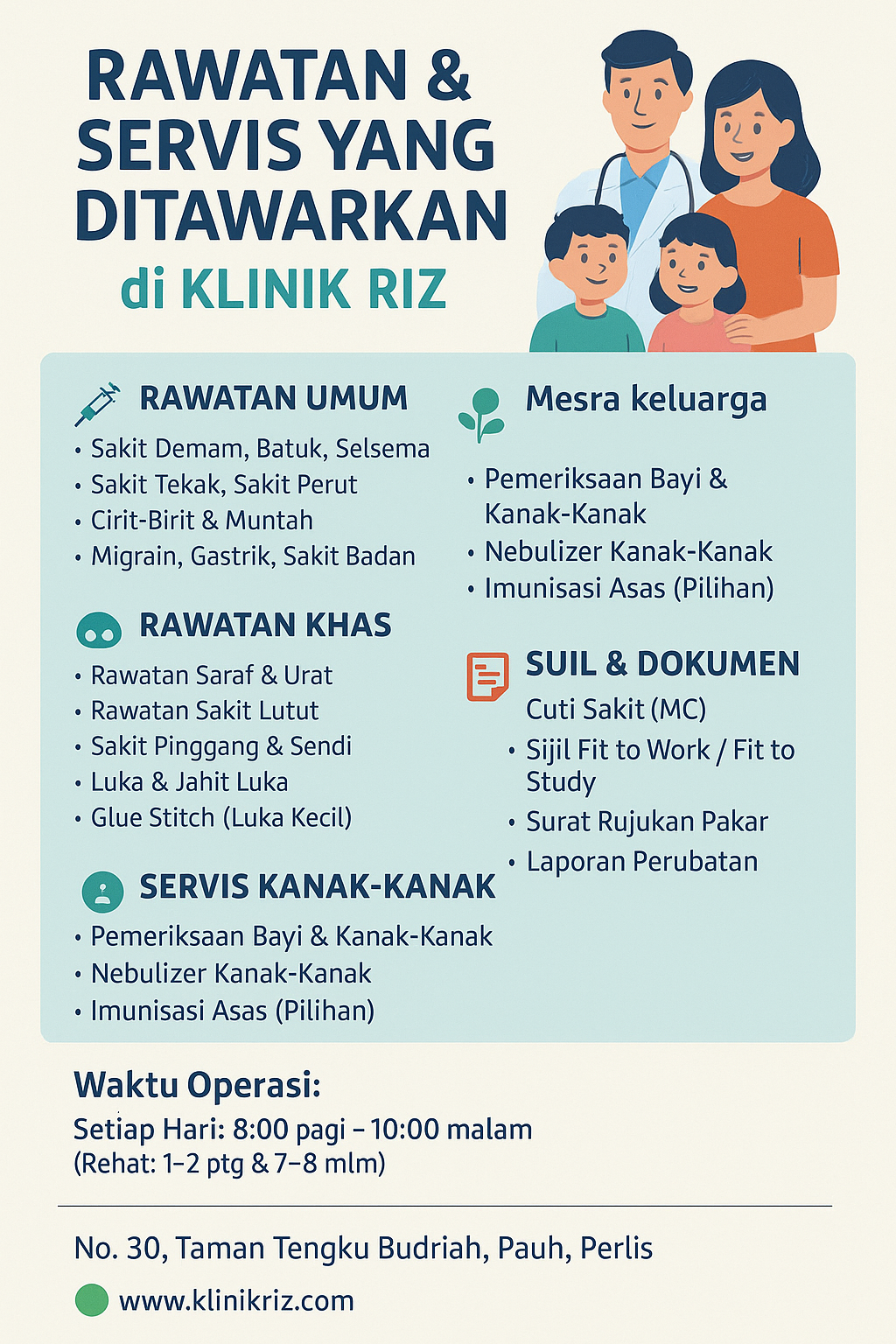 Rawatan/Perkhidmatan/Servis Yang Ditawarkan di KLINIK RIZ